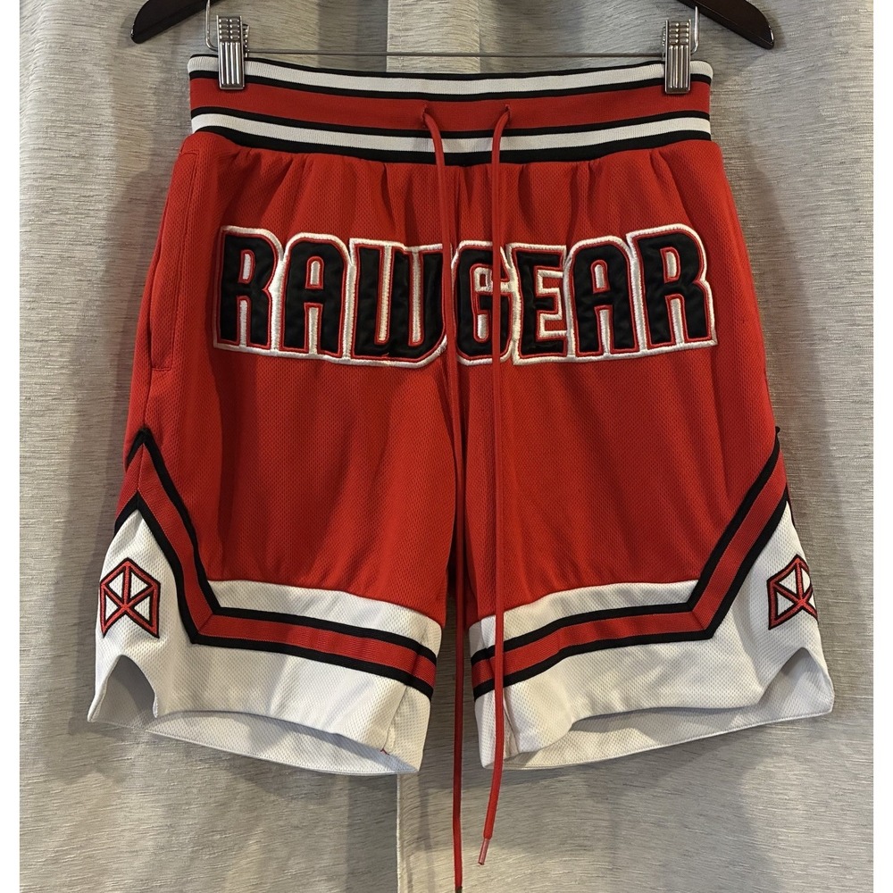 Raw Gear Basketball Shorts Embroidered Red Black Graphic Logo Mens Medium